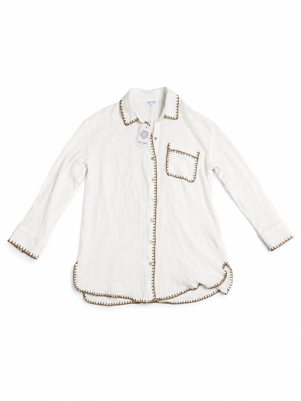 Nwt Blue island White Button-Up Top with Brown Trim